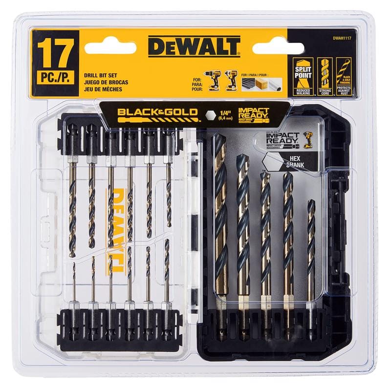 Dewalt DWAH1117 Black & Gold Assorted High Speed Steel Impact Ready Drill Bit Set Hex Shank 17 pc