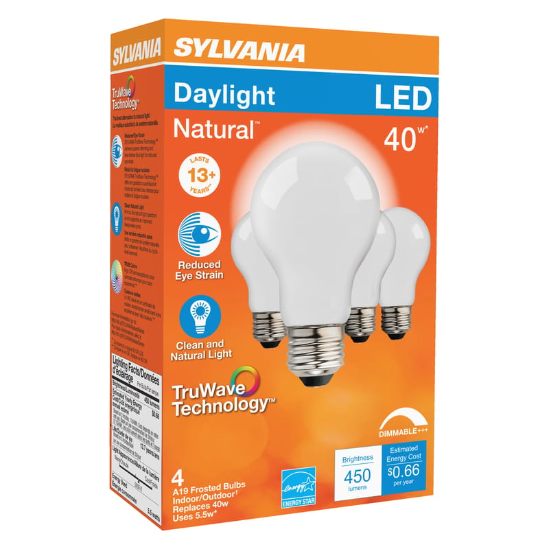 Sylvania 40669 Natural A19 E26 (Medium) LED Bulb Daylight 40 Watt Equivalence 4 pk