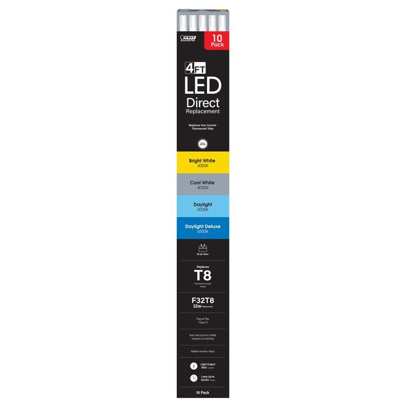 Feit Electric T848/4CCT/LED10 Linear Adjustable White 48 in. Bi-Pin T8 LED Tube 32 Watt Equivalence 10 pk