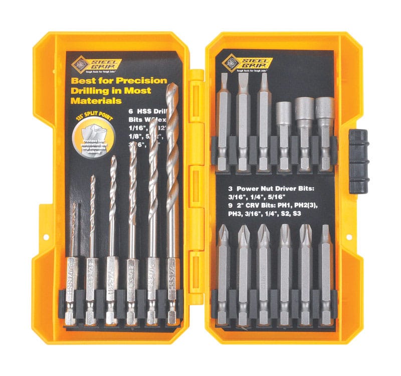 Steel Grip DR62514A High Speed Steel Drill and Driver Bit Set Hex Shank 18 pc