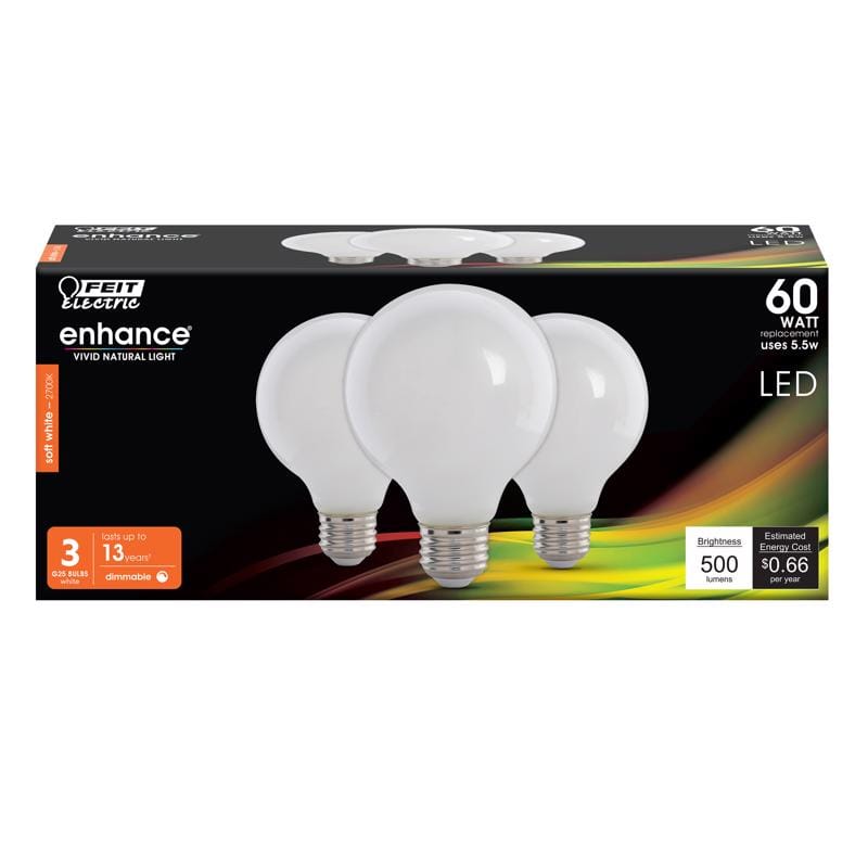 Feit G2560W927CAFL3R Enhance G25 E26 (Medium) Filament LED Bulb Soft White 60 Watt Equivalence 3 pk