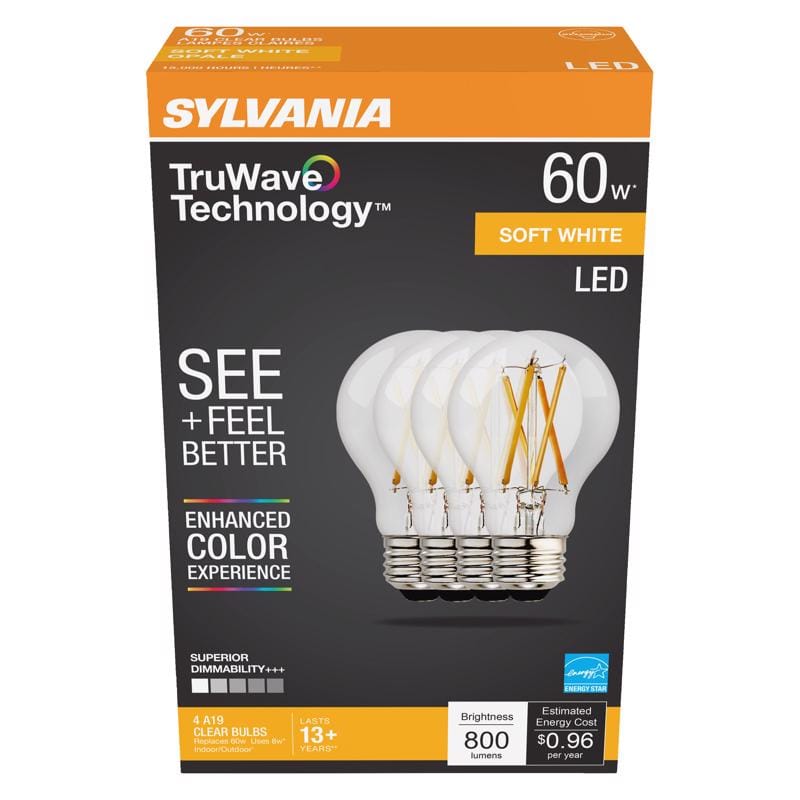 Sylvania 40687 TruWave A19 E26 (Medium) LED Bulb Soft White 60 Watt Equivalence 4 pk
