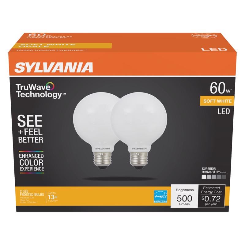 Sylvania 40767 TruWave G25 E26 (Medium) LED Bulb Soft White 60 Watt Equivalence 2 pk