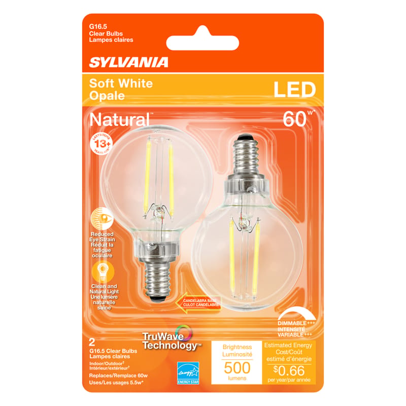 Sylvania 40852 Natural G16.5 E12 (Candelabra) LED Bulb Soft White 60 Watt Equivalence 2 pk