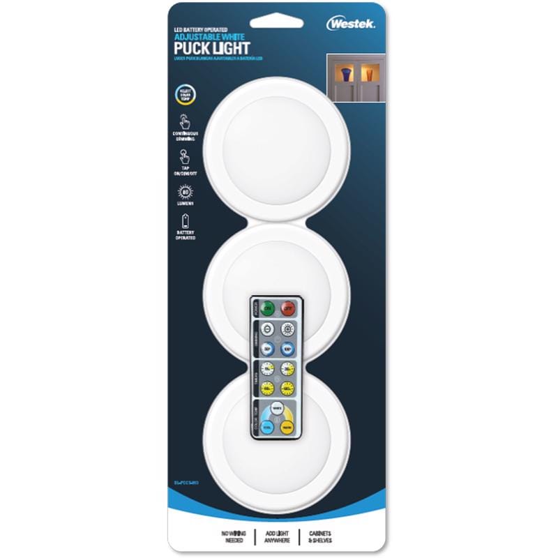 Westek BL-PCCT-W3 White Battery Powered LED Puck Light 3 pk
