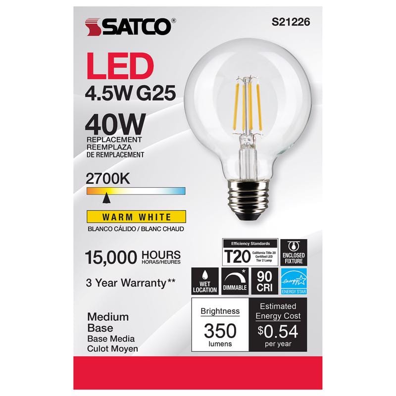 Satco S21226 G25 E26 (Medium) Filament LED Bulb Warm White 40 Watt Equivalence 1 pk