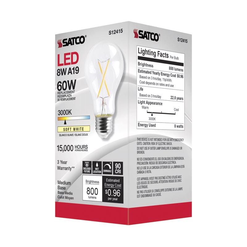 Satco S12415 A19 E26 (Medium) Filament LED Bulb Soft White 60 Watt Equivalence 1 pk