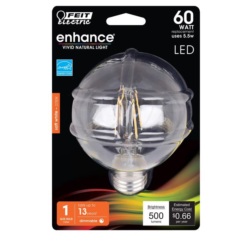 Feit G2560927CAFILRP Enhance G25 E26 (Medium) Filament LED Bulb Soft White 60 Watt Equivalence 1 pk