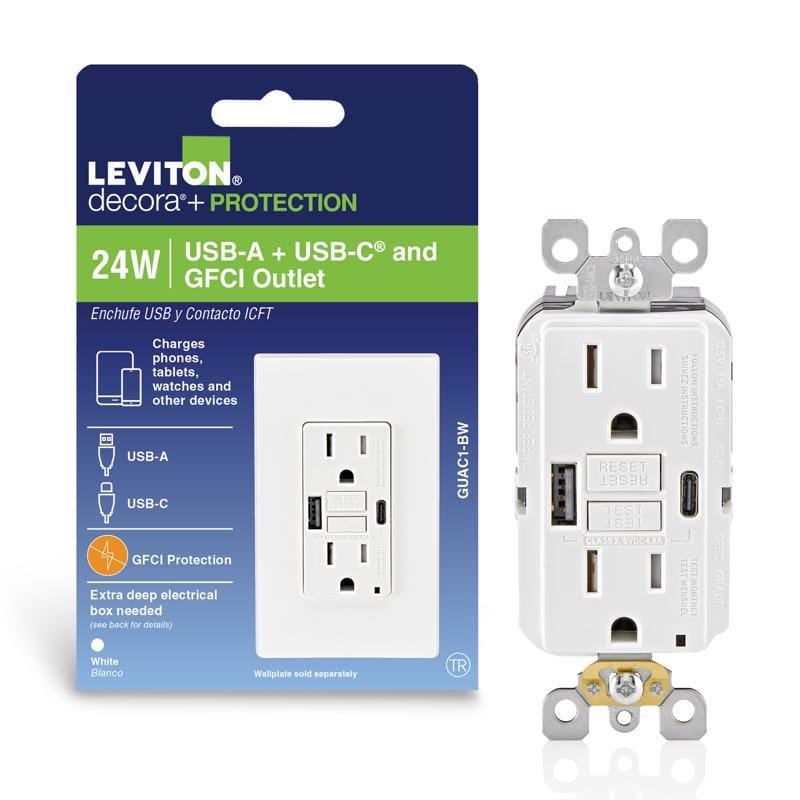 Leviton GUAC1-0BW 15 amps 125 V GFCI White Outlet and USB Charger 5-15R 1 pk
