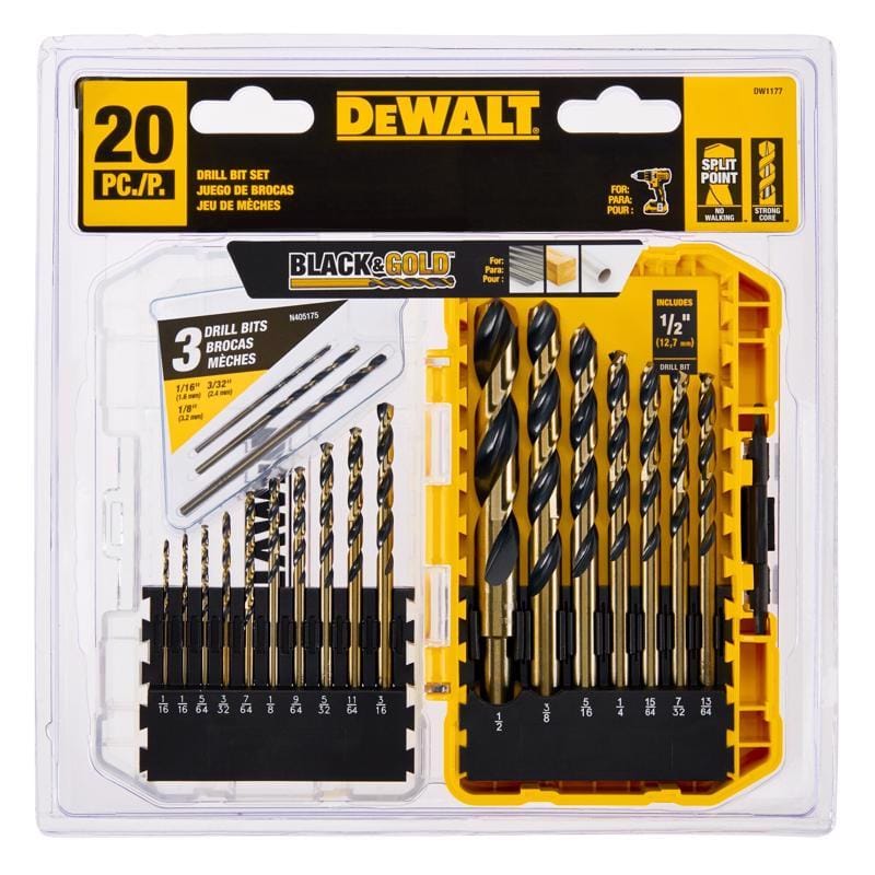 Dewalt DW1177 BLACK & GOLD Assorted High Speed Steel Split Point Drill Bit Set Straight Shank 20 pc
