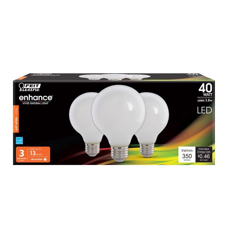 Feit G2540W927CAFL3R Enhance G25 E26 (Medium) Filament LED Bulb Soft White 40 Watt Equivalence 3 pk