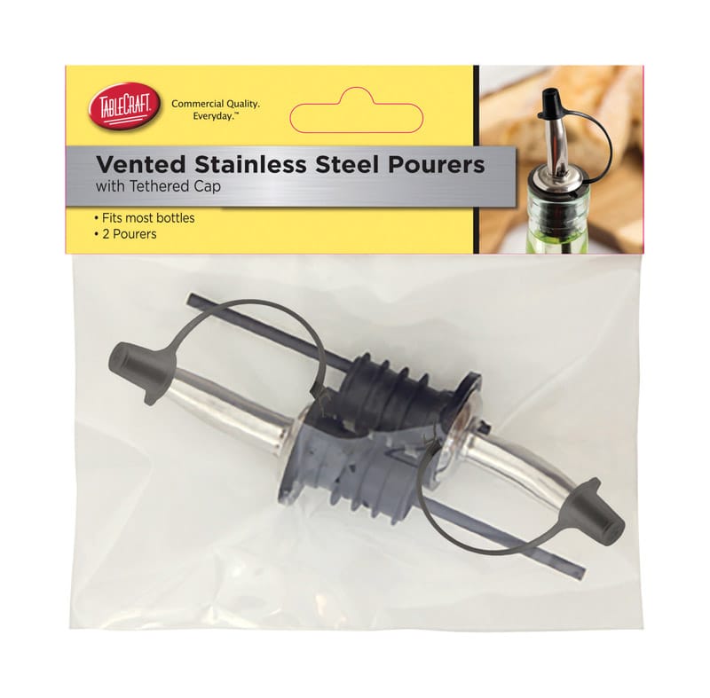 Tablecraft H599PTC2 Silver/Black ABS/Stainless Steel Vented Bottle Pourer w/Cap