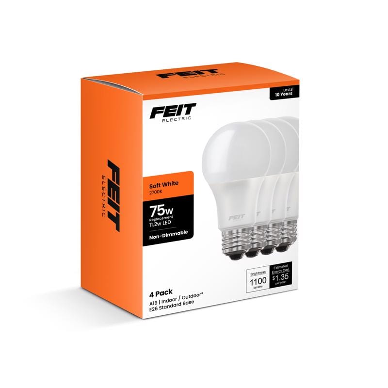 Feit A110082710KLED4 A19 E26 (Medium) LED Bulb Soft White 75 Watt Equivalence 4 pk