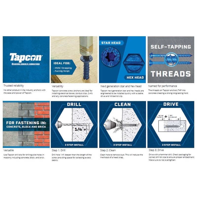 Tapcon 28385 1/4 in. in. X 2-3/4 in. L Star Flat Head High/Low Concrete Screws