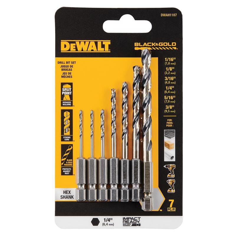 Dewalt DWAH1107 Black & Gold Assorted High Speed Steel Impact Ready Drill Bit Set Hex Shank 7 pc