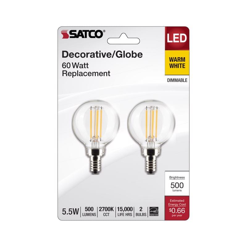 Satco S21813 G16.5 E12 (Candelabra) Filament LED Bulb Warm White 60 Watt Equivalence 2 pk