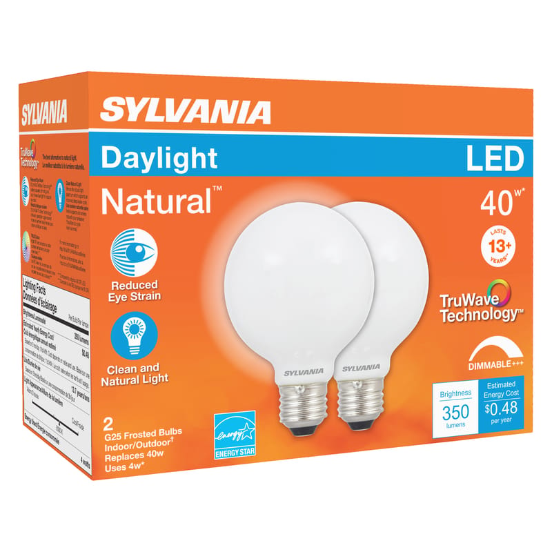 Sylvania 40766 Natural G25 E26 (Medium) LED Bulb Daylight 40 Watt Equivalence 2 pk