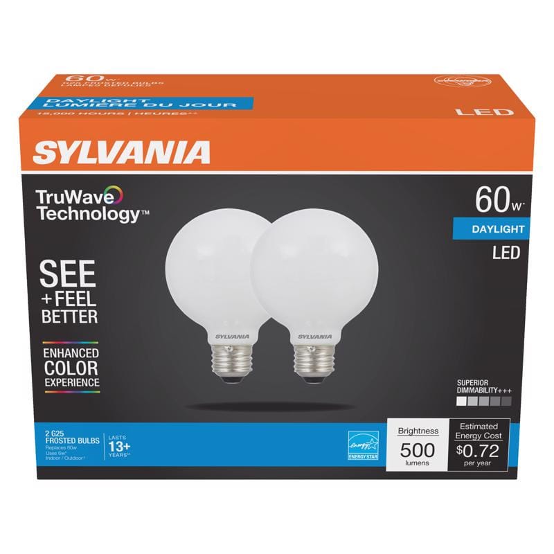 Sylvania 40768 TruWave G25 E26 (Medium) LED Bulb Daylight 60 Watt Equivalence 2 pk