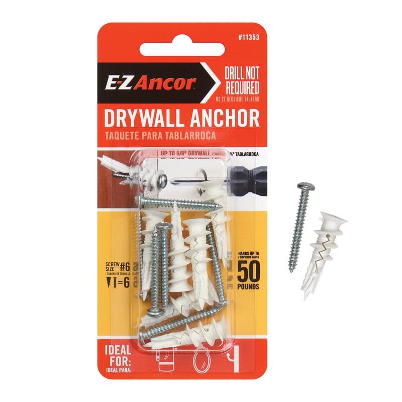 E-Z Ancor 11353 1/4 in. D X 1-1/4 in. L Nylon Ribbed Head Drywall Anchor 6 pc
