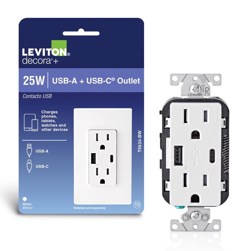 Leviton T5633-0BW Decora 15 amps 125 V Type A/C Duplex White Outlet and USB Charger 5-15R 1 pk