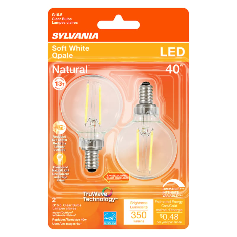 Sylvania 40784 Natural G16.5 E12 (Candelabra) LED Bulb Soft White 40 Watt Equivalence 2 pk