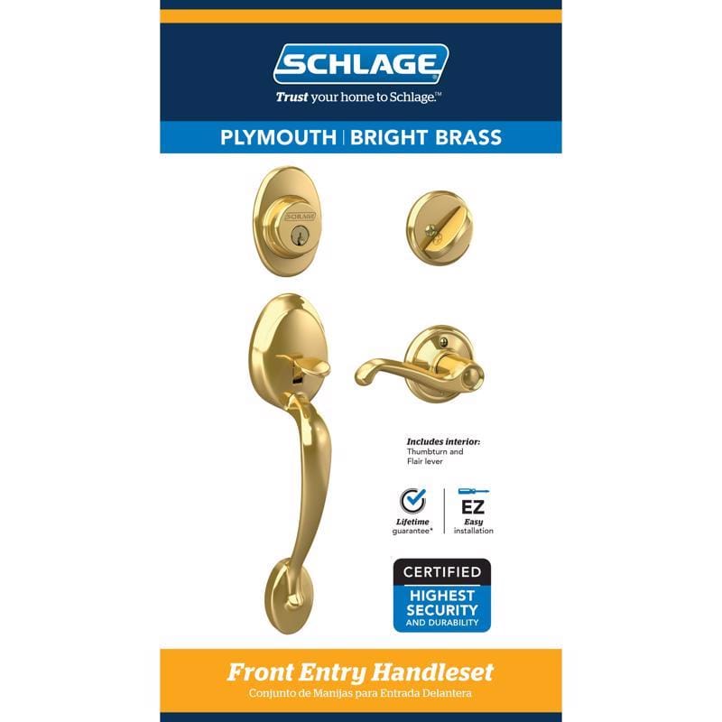 Schlage F60VPLY505FLA60 Plymouth, Flair Bright Brass Entry Handleset 1-3/4 in.
