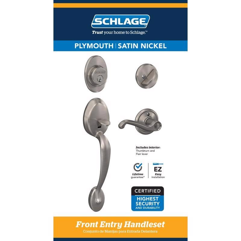 Schlage F60GPLY619FLA Plymouth / Flair Satin Nickel Single Cylinder Handleset and Knob