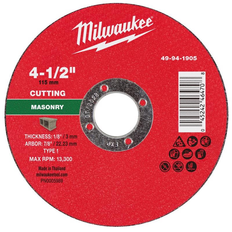 Milwaukee Tool 49-94-1905 Milwaukee 4-1/2 in. D X 7/8 in. X 1/8 in. thick Masonry Cut-Off Wheel 1 pc